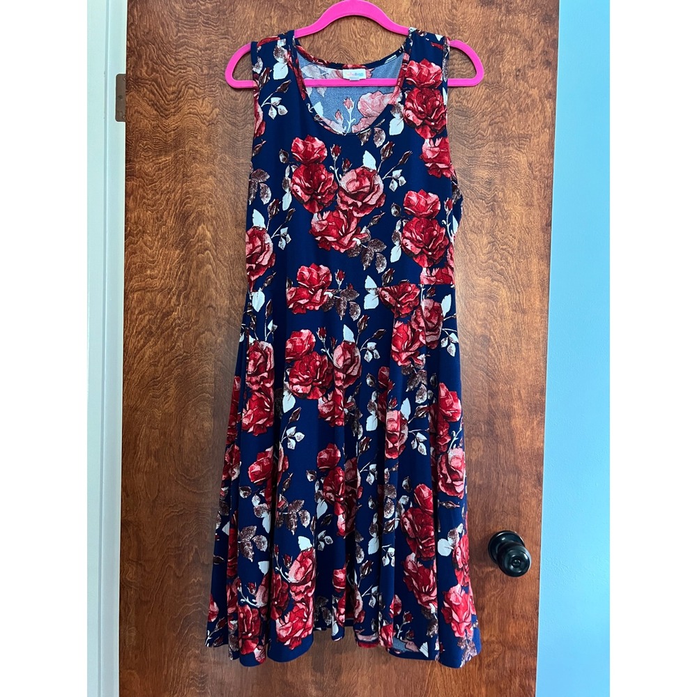 LuLaRoe Nicki Dress Women XL Blue Floral Rose Sleeveless Pockets Fit Flare